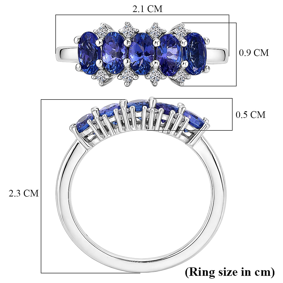 Luxuriant - AAA Tanzanite & Lab Grown Diamond (SI-G-H) 5 Stone Ring in Rhodium Overlay Sterling Silver 1.40 Ct.