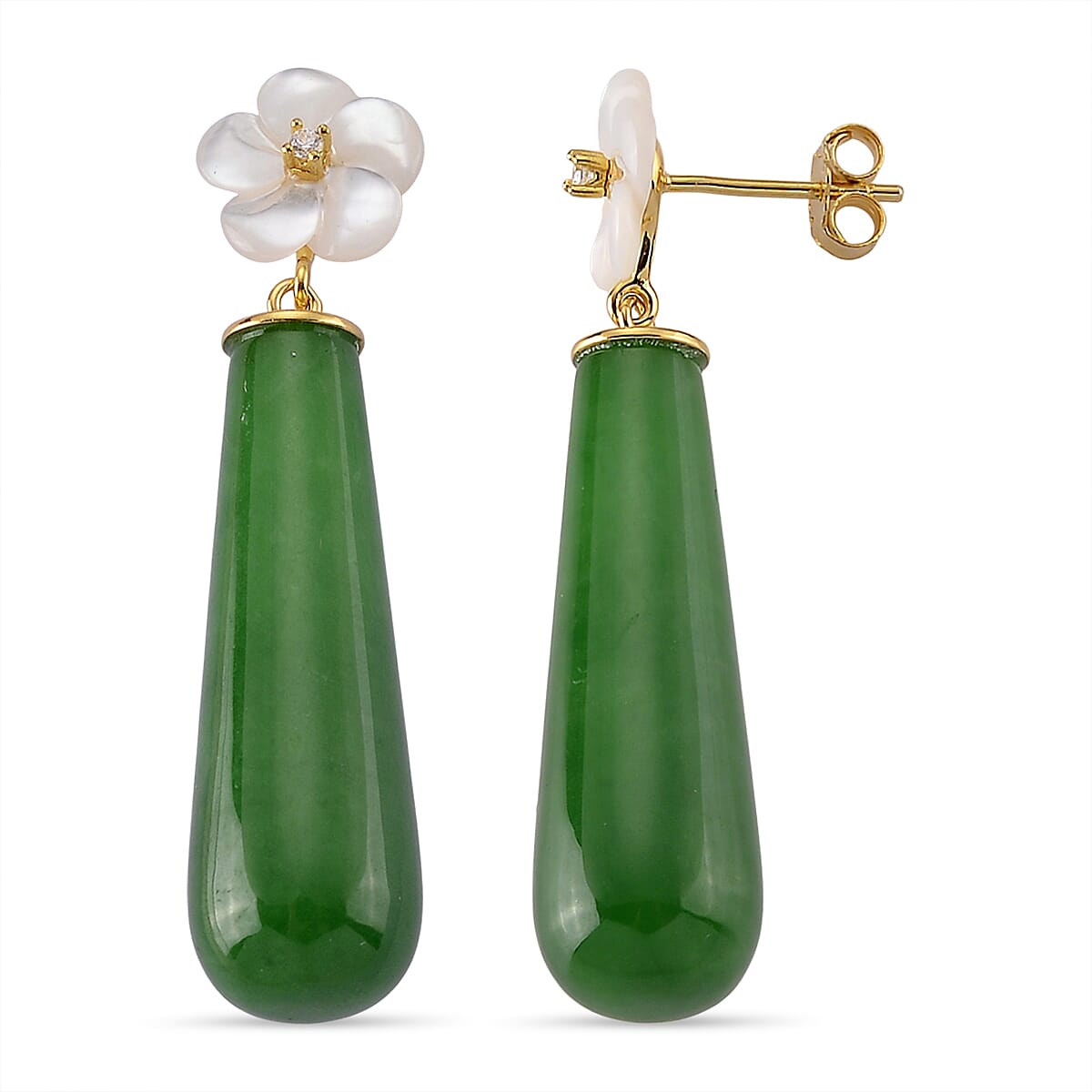 D'Joy - Enhanced Green Jade & White Mother Of Pearl Drop Earring with Push Back in Yellow Gold Plated Sterling Silver 35.00 Ct.