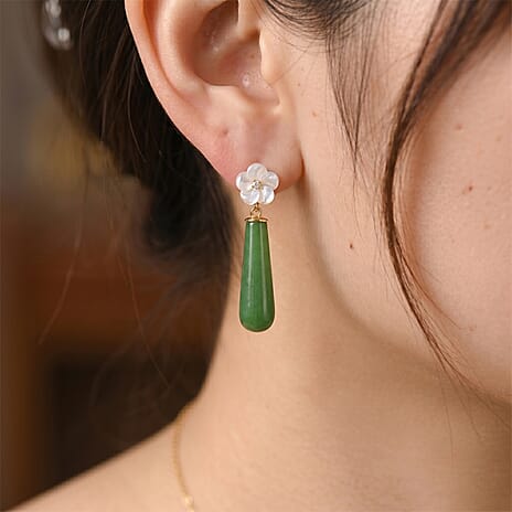 D'Joy - Green Jade & White Mother Of Pearl Drop Earring with Push Back in Yellow Gold Plated Sterling Silver 35.00 Ct.