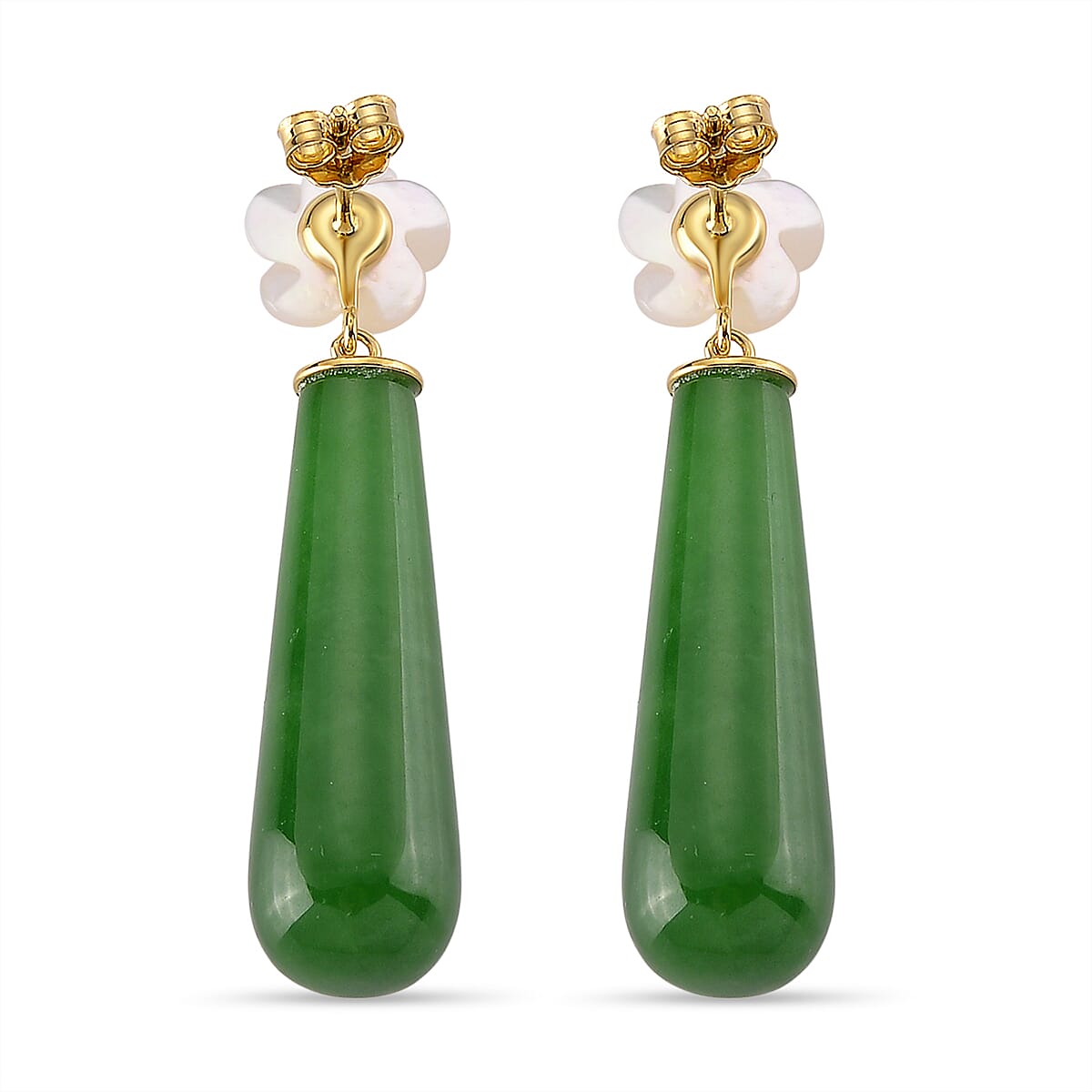 D'Joy - Enhanced Green Jade & White Mother Of Pearl Drop Earring with Push Back in Yellow Gold Plated Sterling Silver 35.00 Ct.