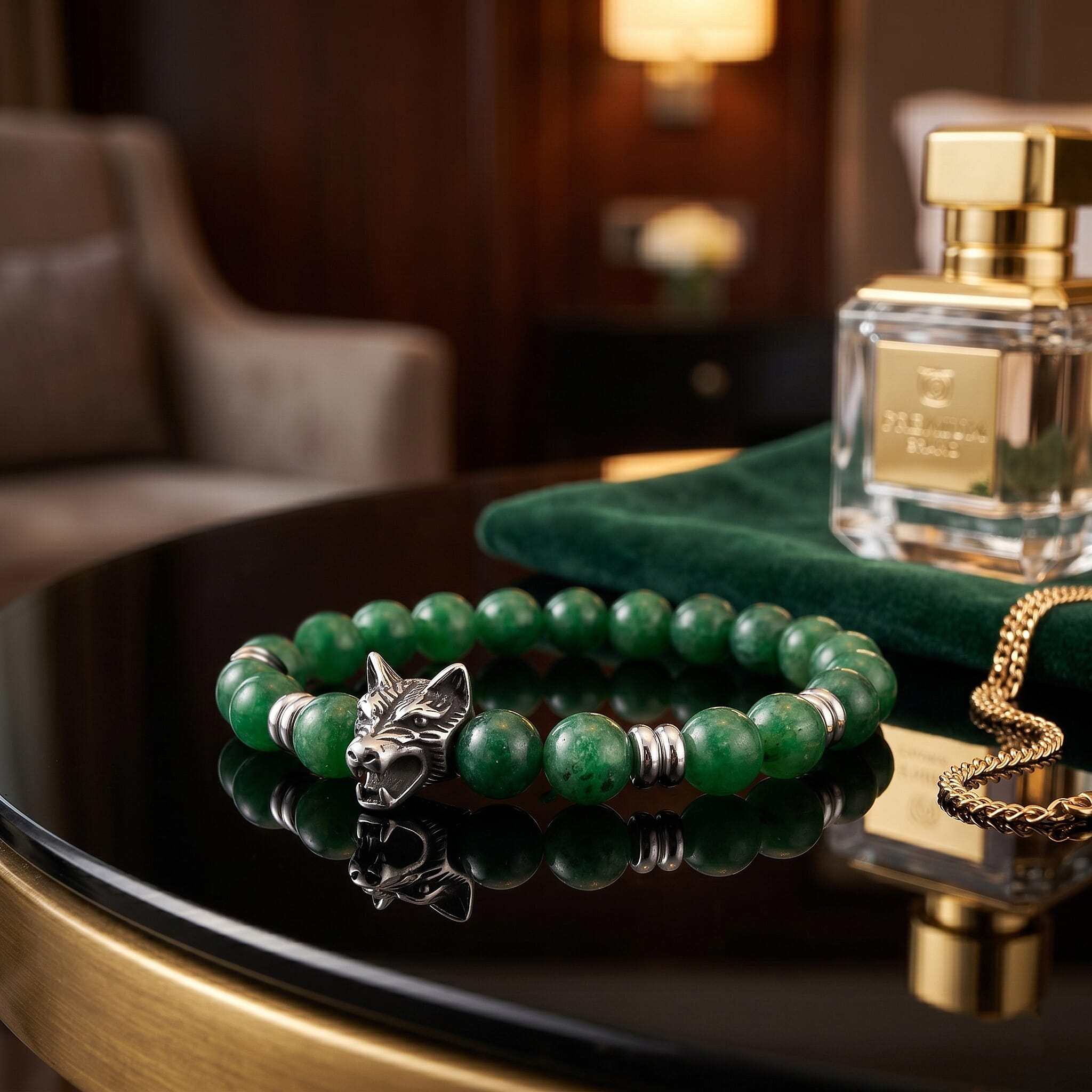 Green Jade Stretchable Wolf Charm Bracelet (Size - 7.5) 110.00 Ct.