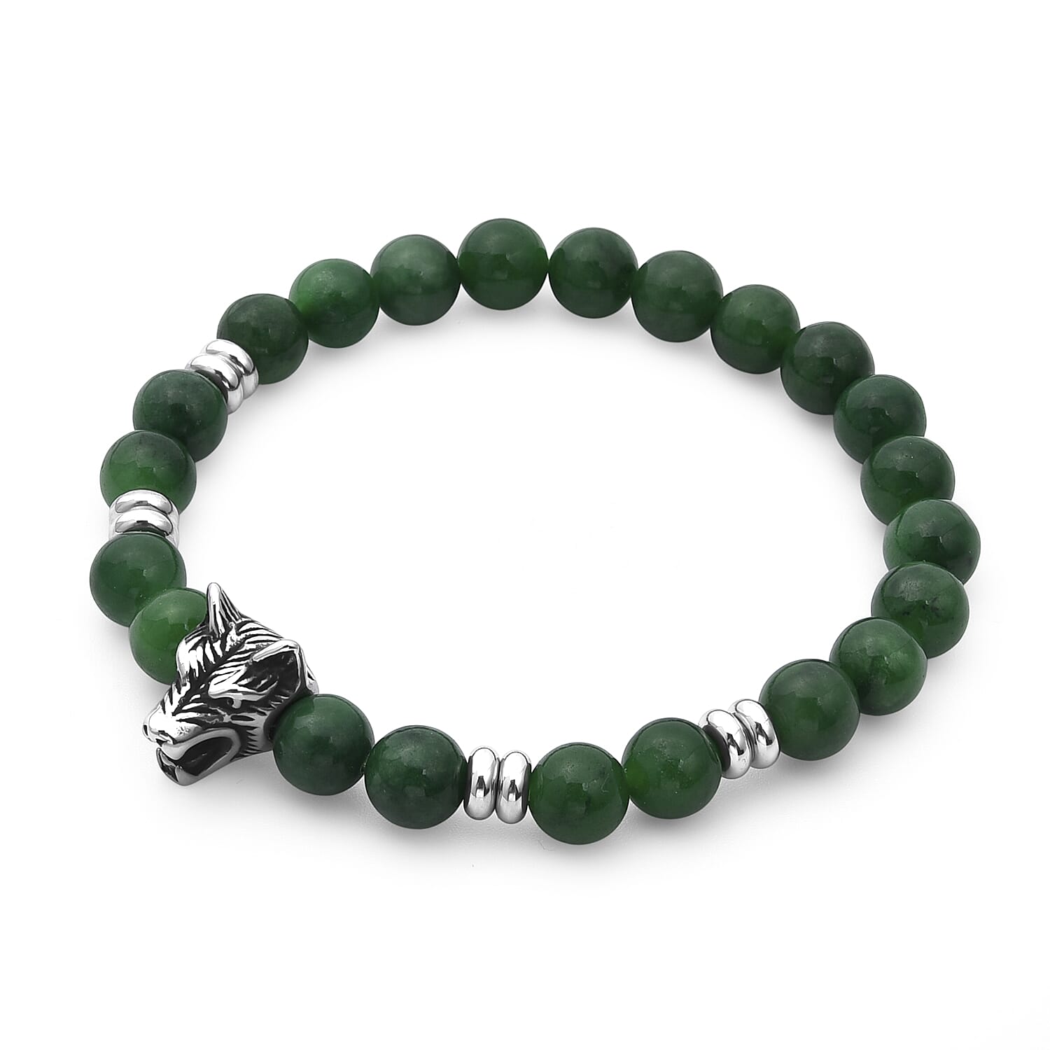 Green Jade Stretchable Wolf Charm Bracelet (Size - 7.5) 110.00 Ct.