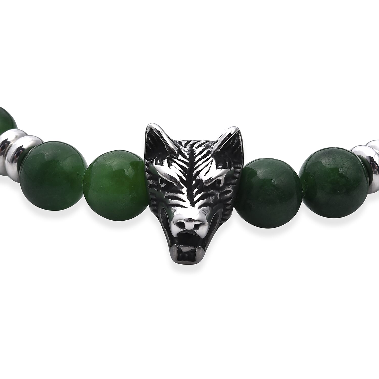 Green Jade Stretchable Wolf Charm Bracelet (Size - 7.5) 110.00 Ct.