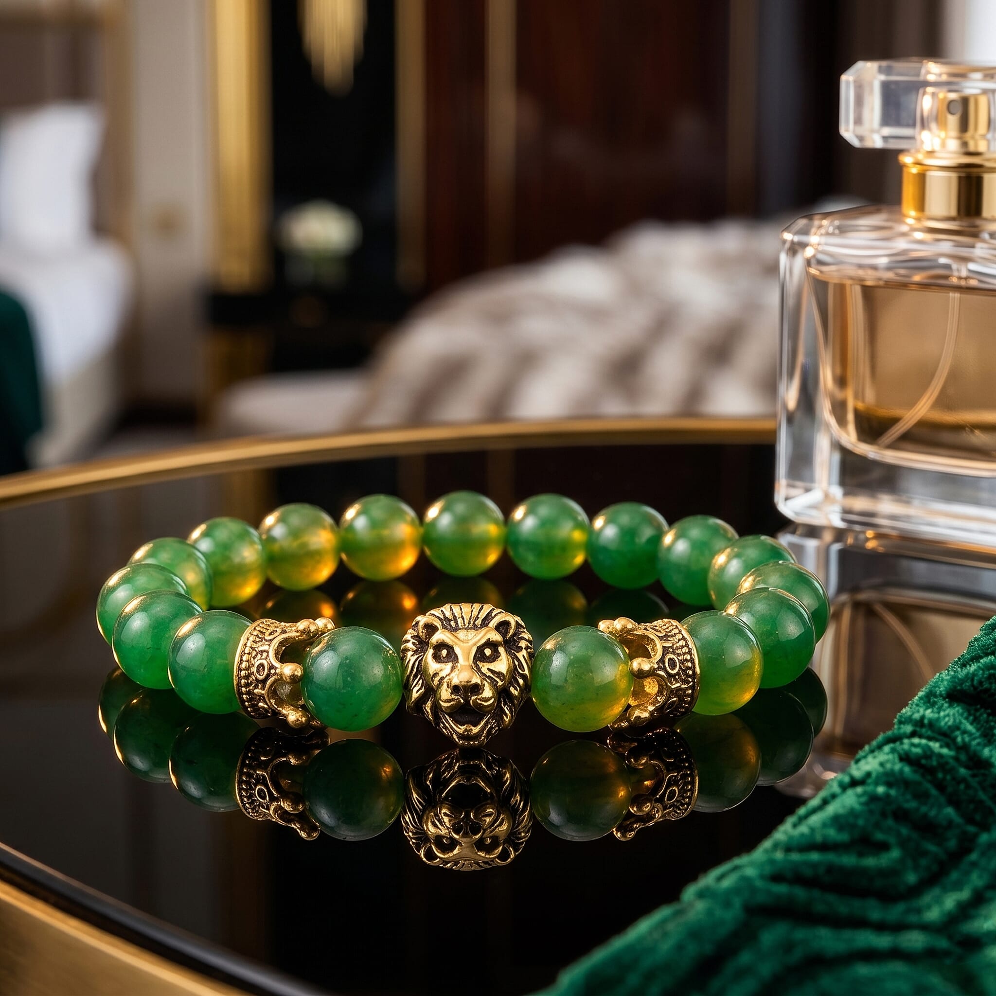 Green Jade Stretchable Lion Charm Bracelet (SIze - 7) 115.00 Ct.