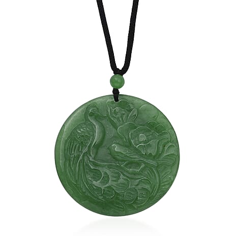 Green Jade Adjustable Carved Phoenix Necklace with Cotton Thread (Size - 28) 145.00 Ct.