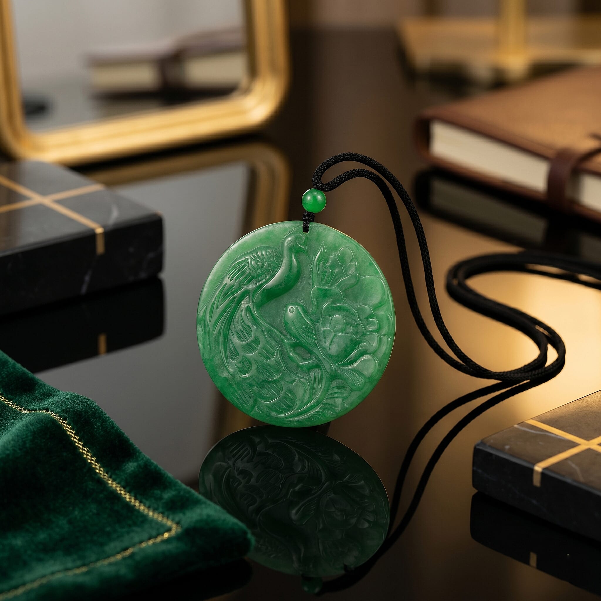Green Jade Adjustable Carved Phoenix Necklace with Cotton Thread (Size - 28) 145.00 Ct.
