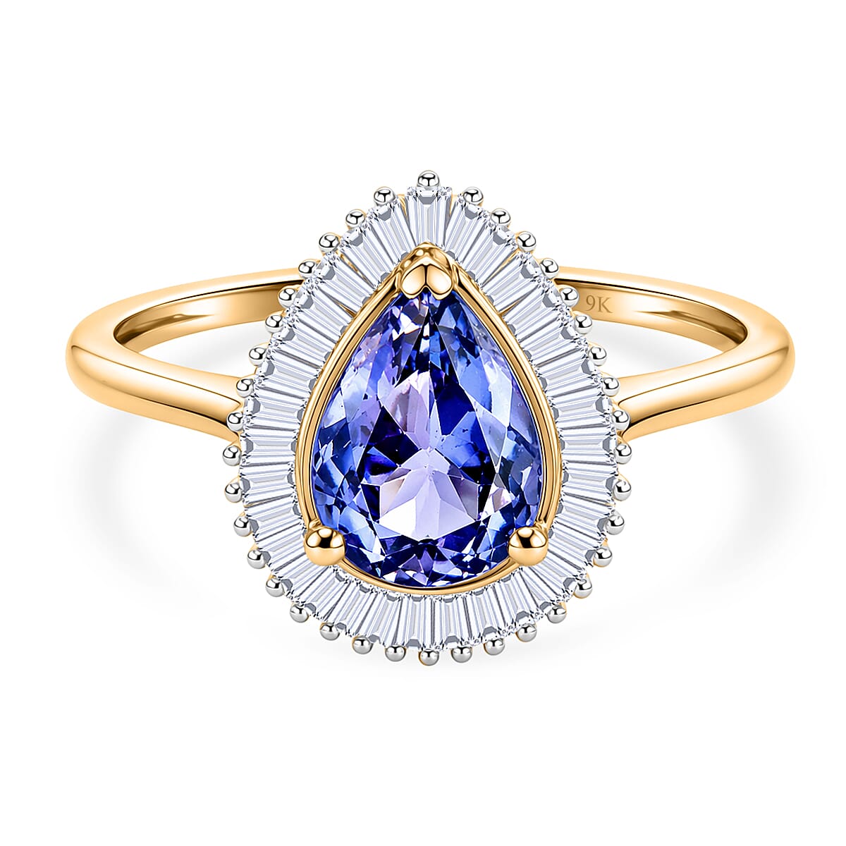 9K Yellow Gold Tanzanite & White Diamond Pear Cut Halo Ring 1.44 Ct.