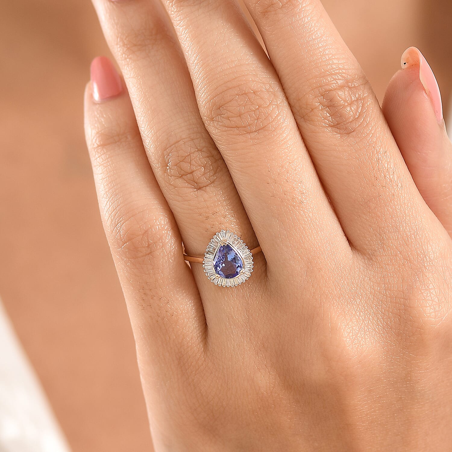 9K Yellow Gold Tanzanite & White Diamond Pear Cut Halo Ring 1.44 Ct.