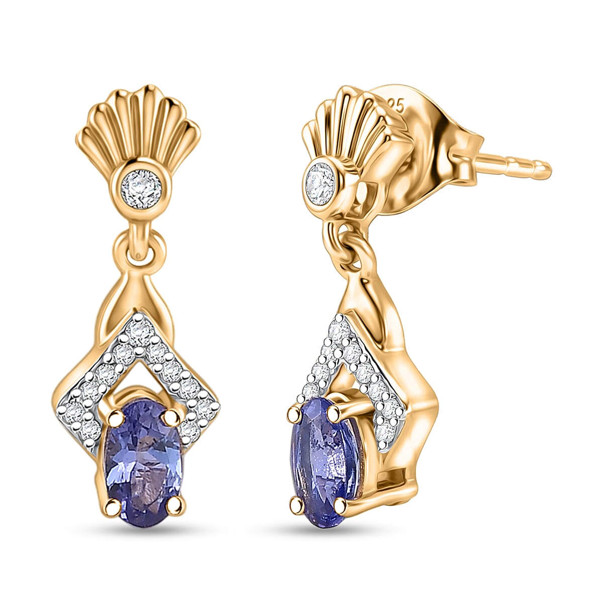 D'Joy - AAA Tanzanite & White Zircon Dangling Earring with Push Post in Yellow Gold Plated Sterling Silver