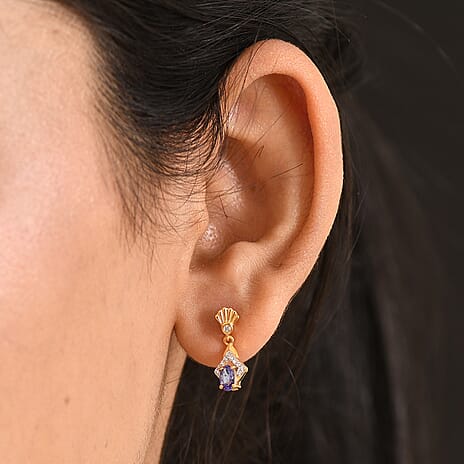 D'Joy - AAA Tanzanite & White Zircon Dangling Earring with Push Post in Yellow Gold Plated Sterling Silver