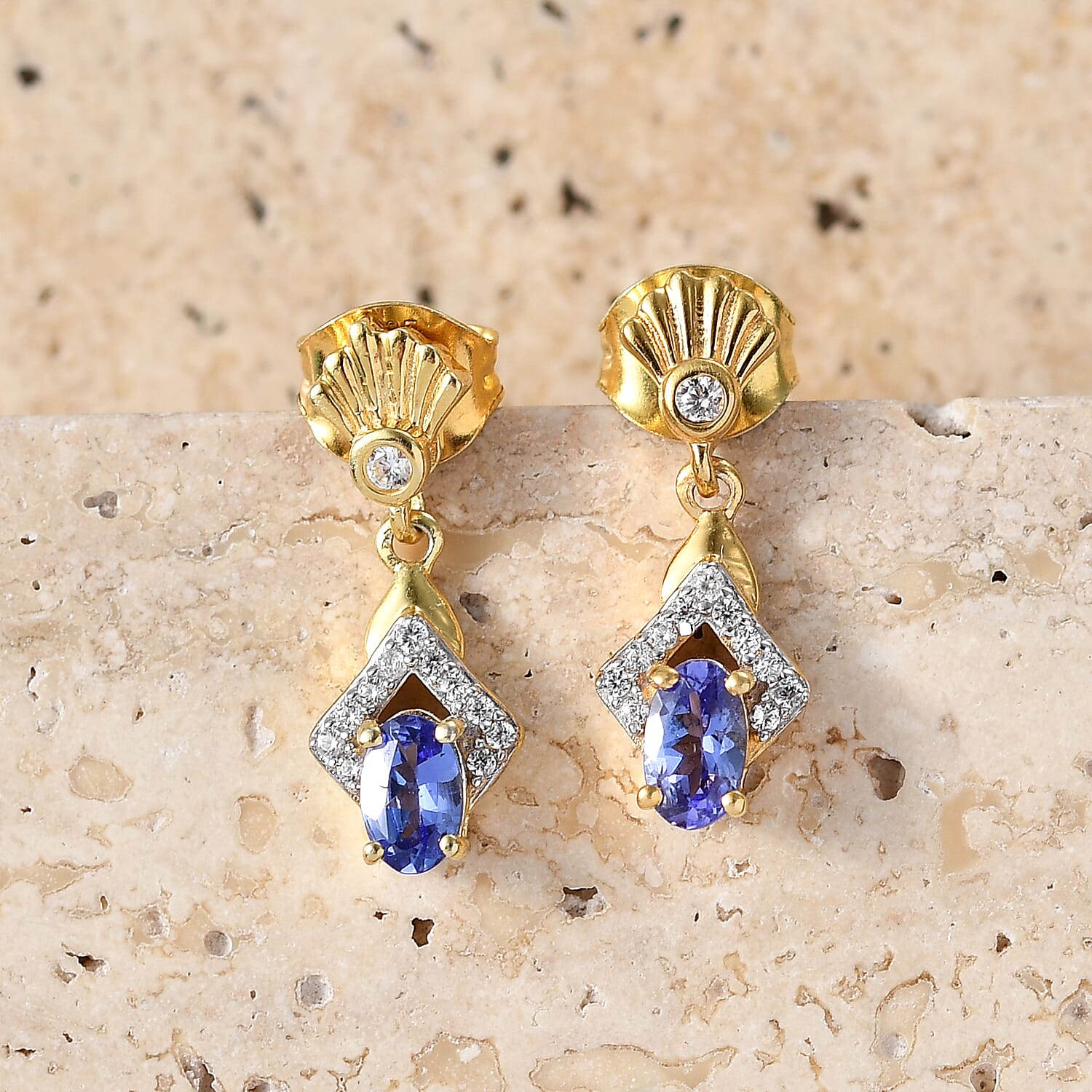 D'Joy - AAA Tanzanite & White Zircon Dangling Earring with Push Post in Yellow Gold Plated Sterling Silver