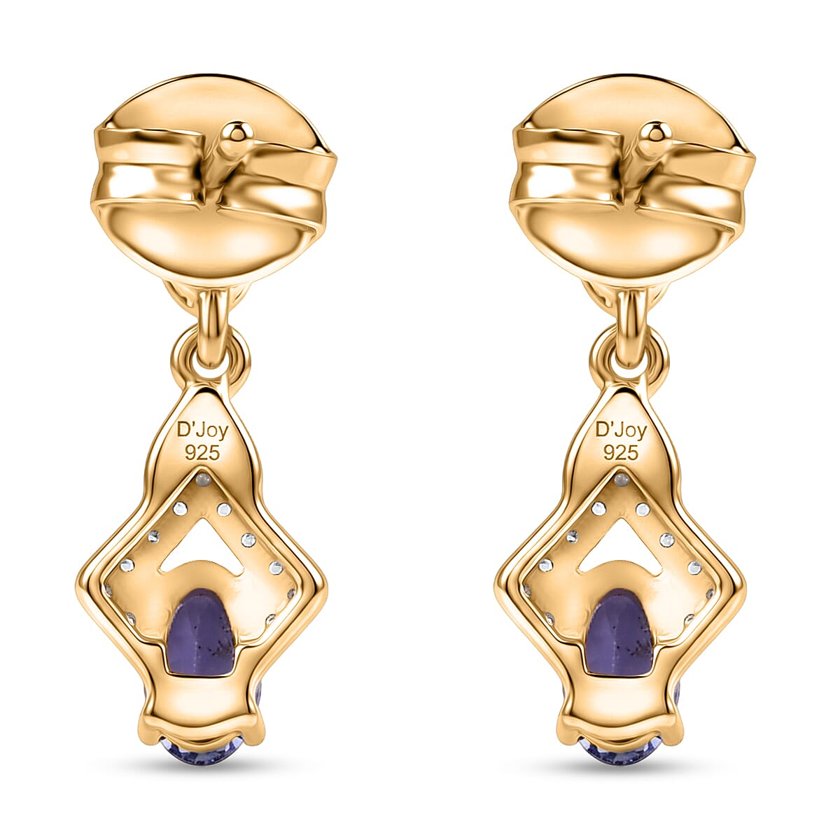 D'Joy - AAA Tanzanite & White Zircon Dangling Earring with Push Post in Yellow Gold Plated Sterling Silver
