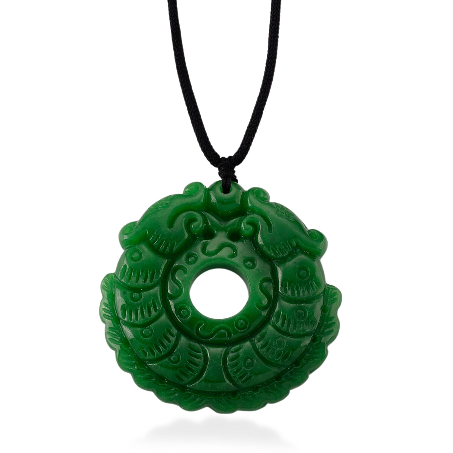 Green Jade Adjustable Carved Pixiu Necklace with Cotton Thread (Size - 28) 145.00 Ct.