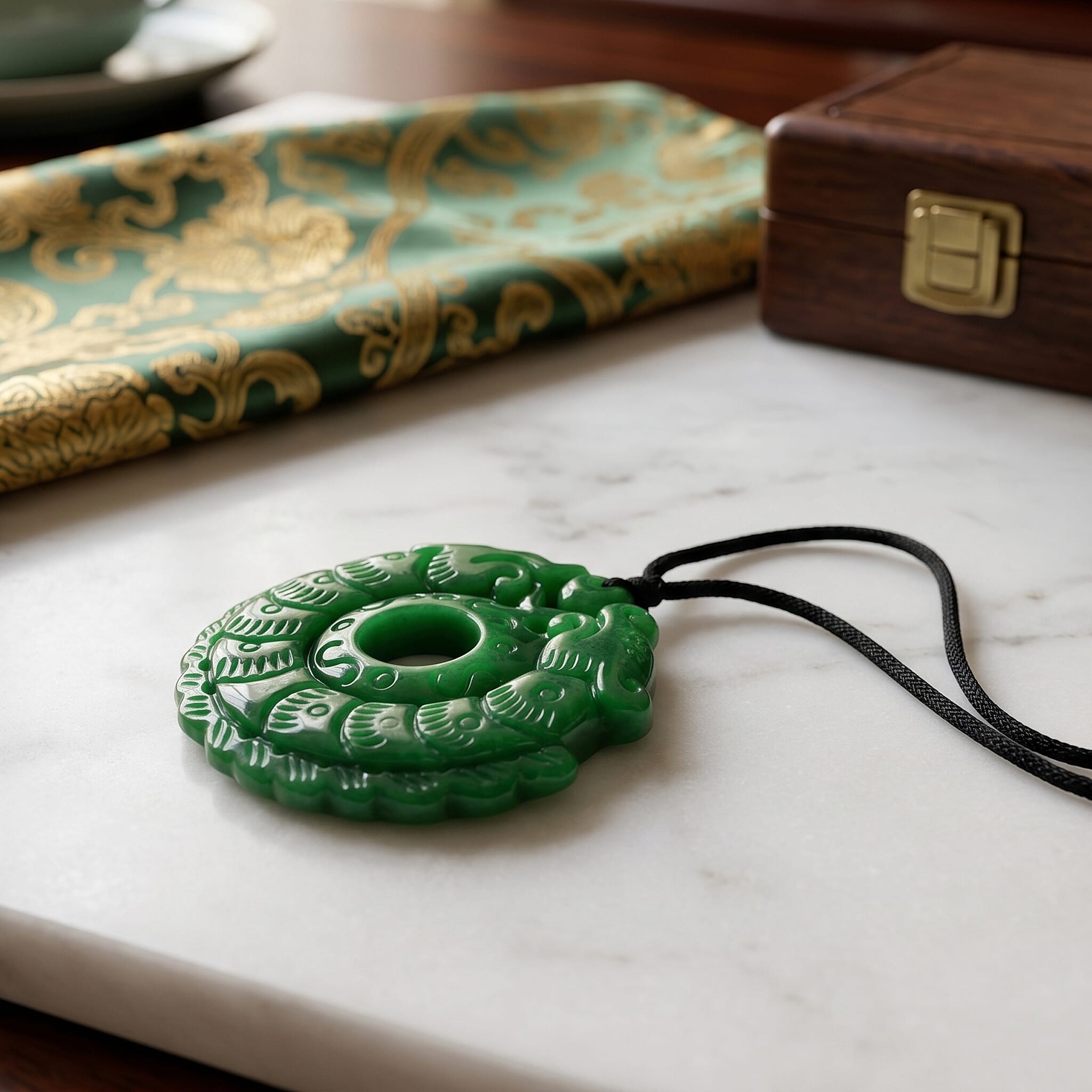 Green Jade Adjustable Carved Pixiu Necklace with Cotton Thread (Size - 28) 145.00 Ct.