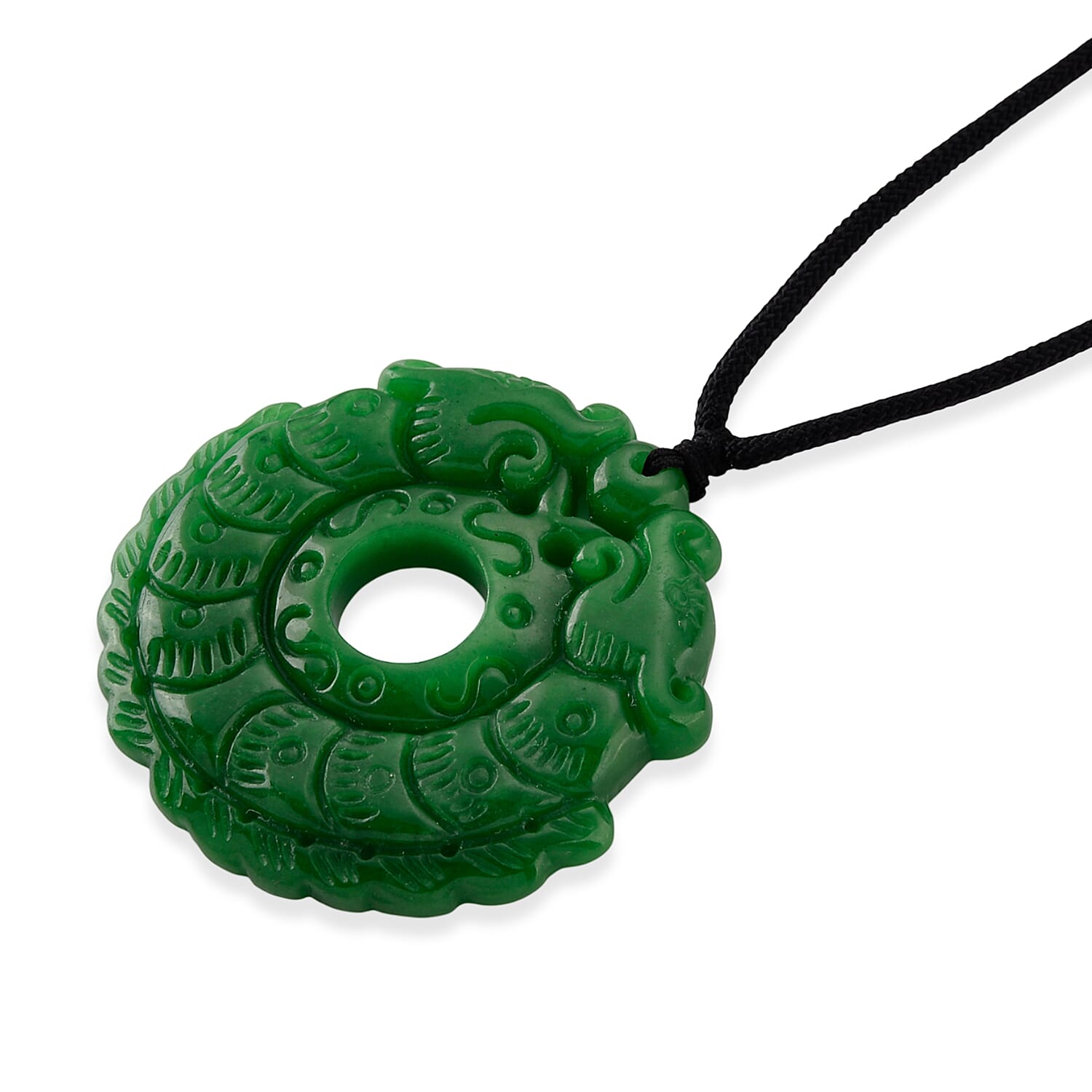 Green Jade Adjustable Carved Pixiu Necklace with Cotton Thread (Size - 28) 145.00 Ct.