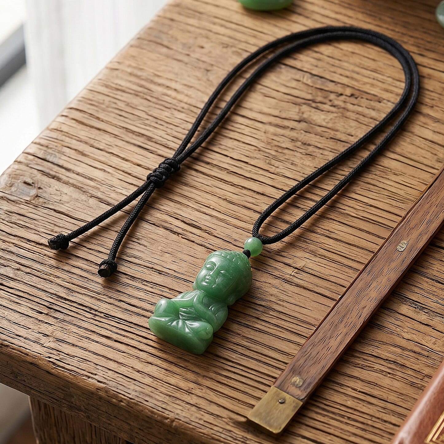 Green Jade Adjustable Buddha Necklace with Cotton Thread (Size - 28) 130.00 Ct.