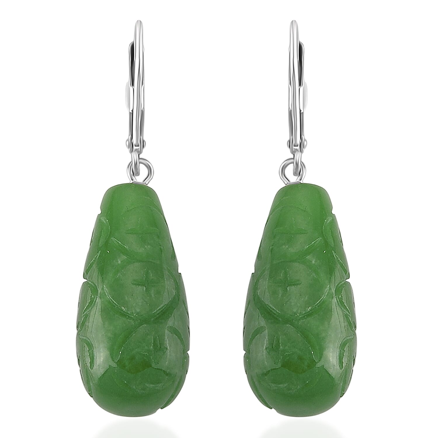 D'Joy - Green Jade Drop Earring with Lever Back in Rhodium Overlay Sterling Silver 50.00 Ct.