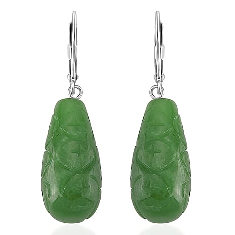 D'Joy - Green Jade Drop Earring with Lever Back in Rhodium Overlay Sterling Silver 50.00 Ct.