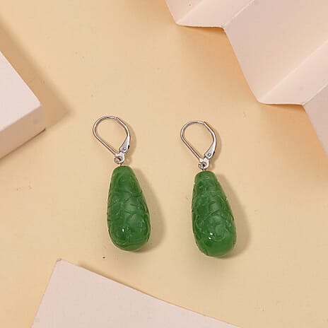 D'Joy - Green Jade Drop Earring with Lever Back in Rhodium Overlay Sterling Silver 50.00 Ct.