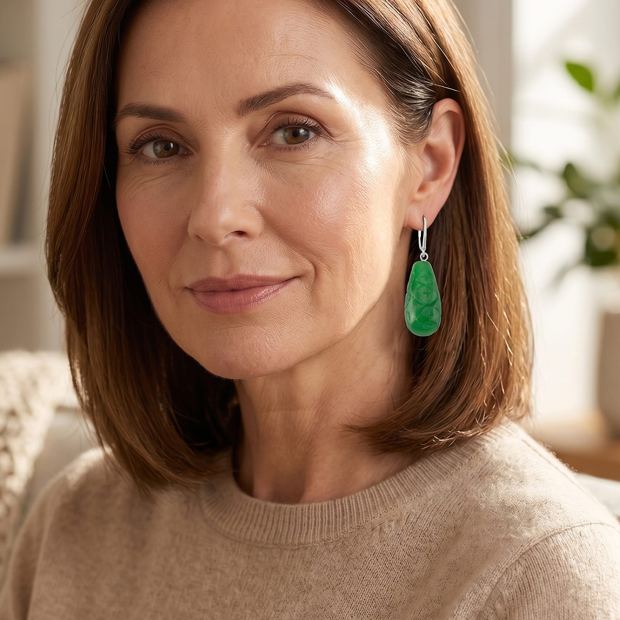 D'Joy - Green Jade Drop Earring with Lever Back in Rhodium Overlay Sterling Silver 50.00 Ct.