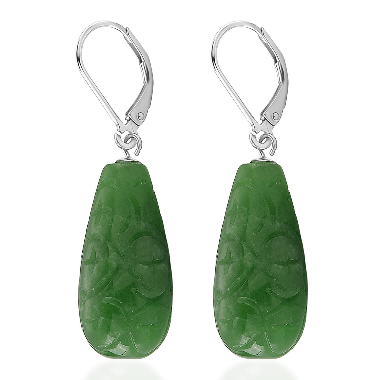 D'Joy - Green Jade Drop Earring with Lever Back in Rhodium Overlay Sterling Silver 50.00 Ct.