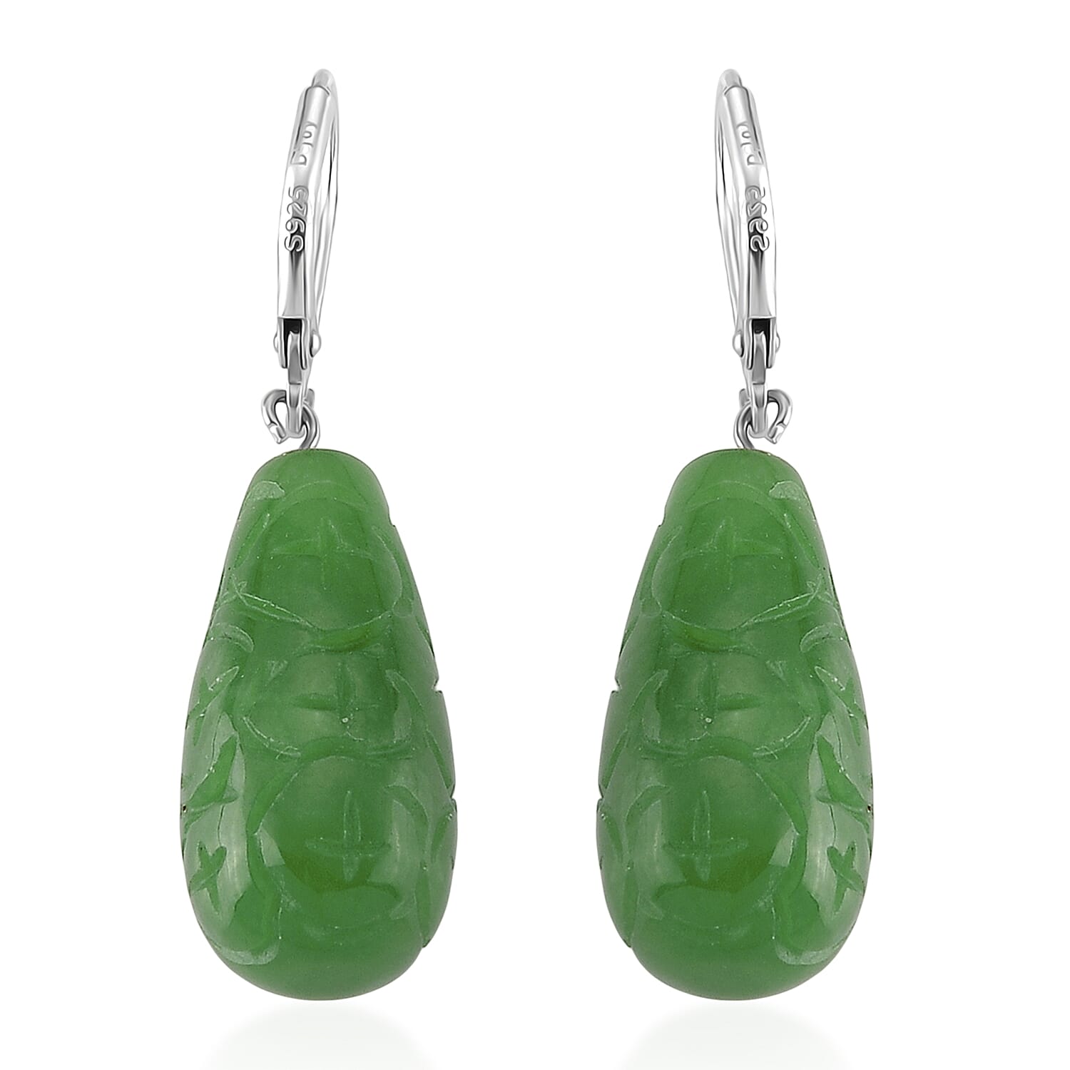 D'Joy - Green Jade Drop Earring with Lever Back in Rhodium Overlay Sterling Silver 50.00 Ct.