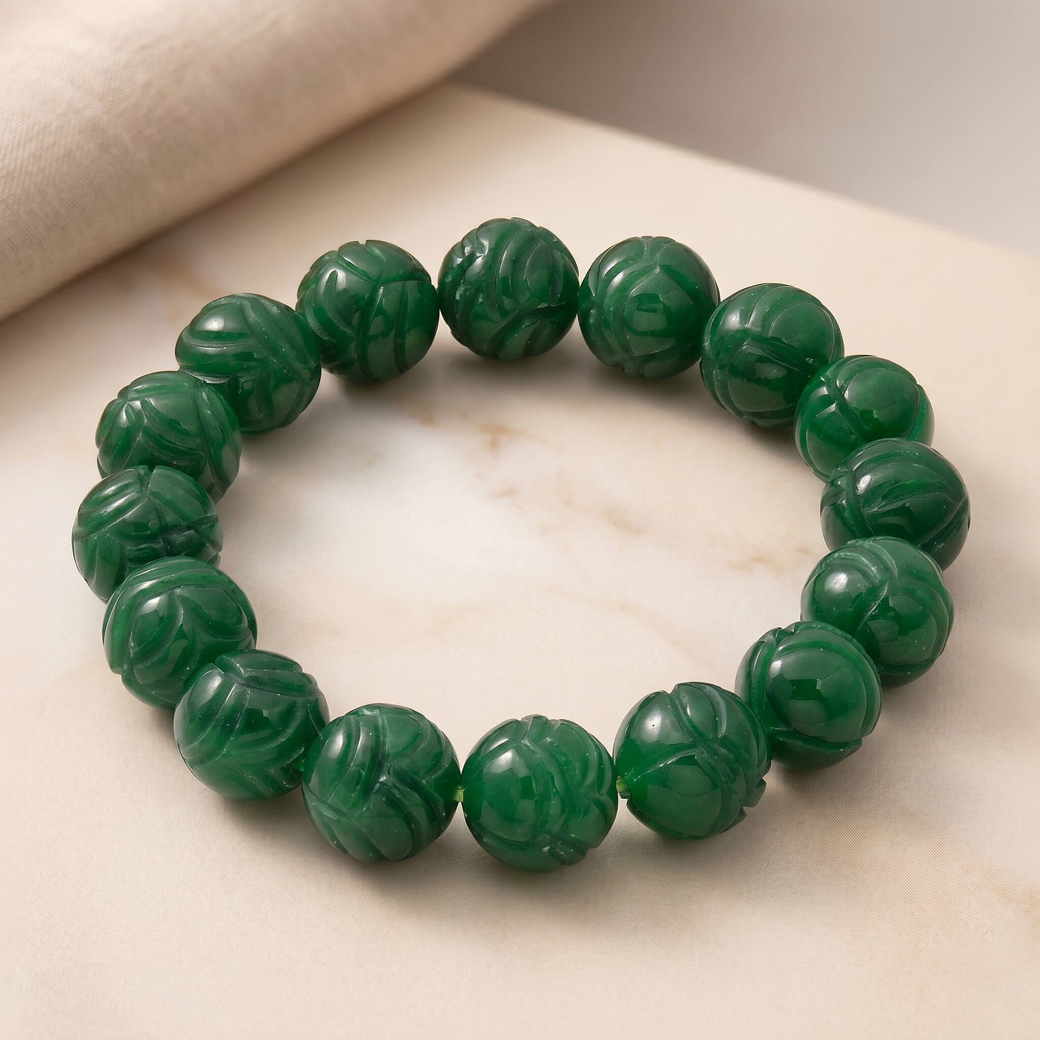 Green Jade Stretchable Bead Bracelet (Size - 7) 300.00 Ct.