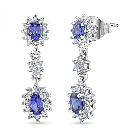D'Joy - Tanzanite & White Zircon Dangling Earring with Push Post in Rhodium Overlay Sterling Silver 1.45 Ct.