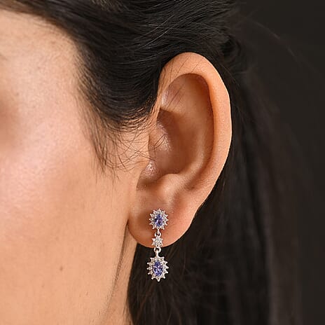 D'Joy - Tanzanite & White Zircon Dangling Earring with Push Post in Rhodium Overlay Sterling Silver 1.45 Ct.