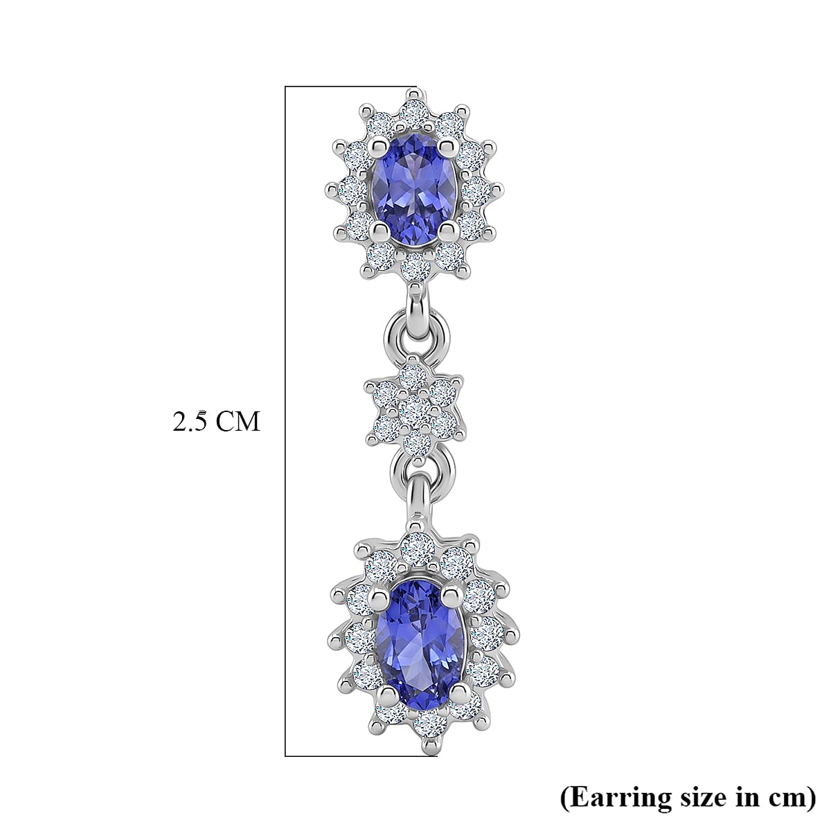 D'Joy - Tanzanite & White Zircon Dangling Earring with Push Post in Rhodium Overlay Sterling Silver 1.45 Ct.