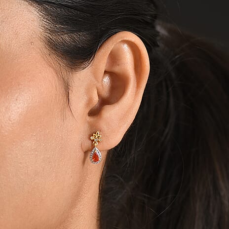 D'Joy - Fire Opal & White Zircon Dangling Earring with Push Post in Yellow Gold Plated Sterling Silver