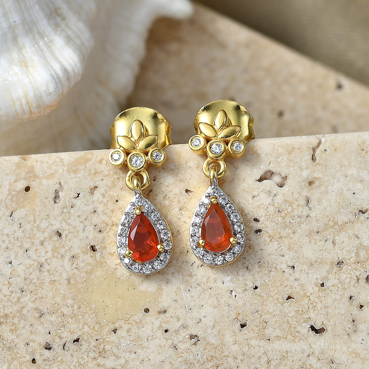 D'Joy - Fire Opal & White Zircon Dangling Earring with Push Post in Yellow Gold Plated Sterling Silver