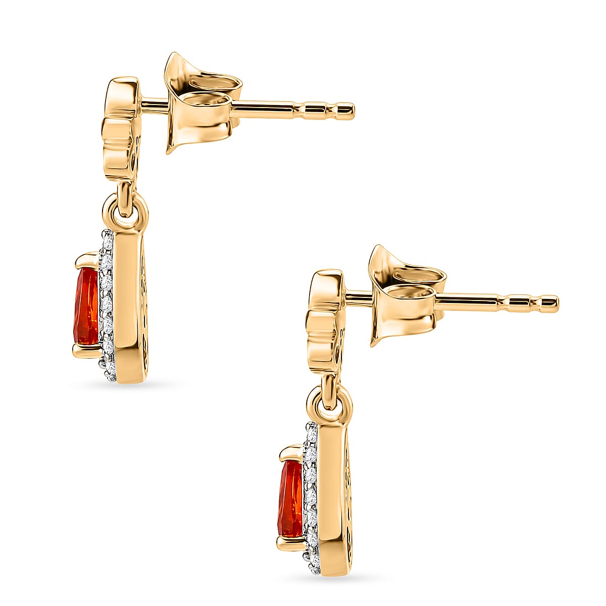 D'Joy - Fire Opal & White Zircon Dangling Earring with Push Post in Yellow Gold Plated Sterling Silver