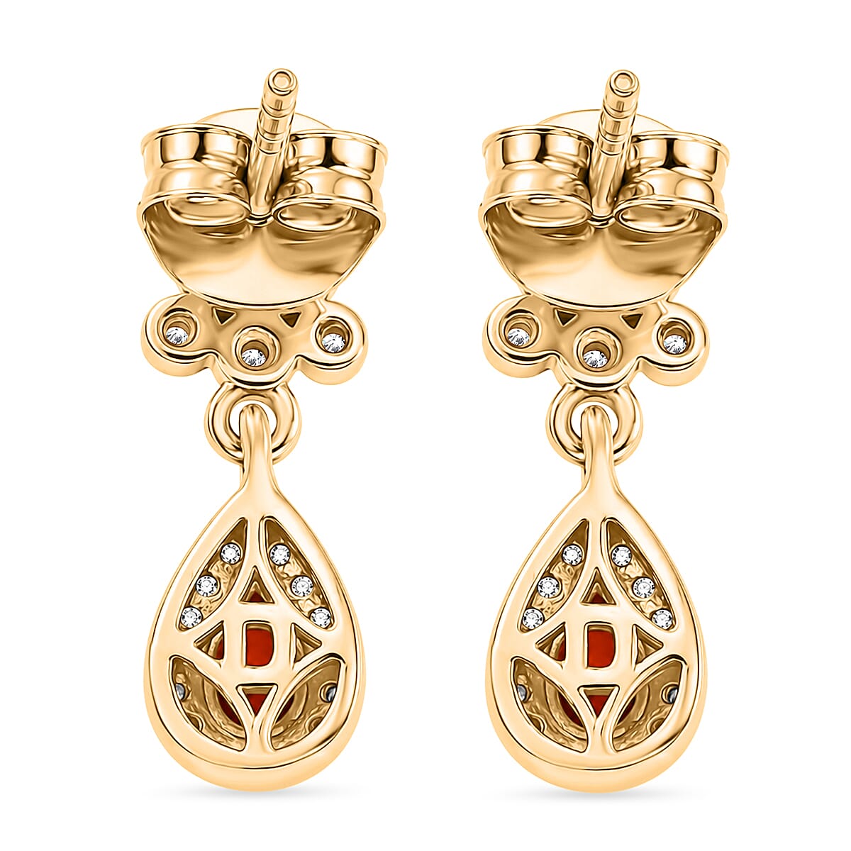 D'Joy - Fire Opal & White Zircon Dangling Earring with Push Post in Yellow Gold Plated Sterling Silver