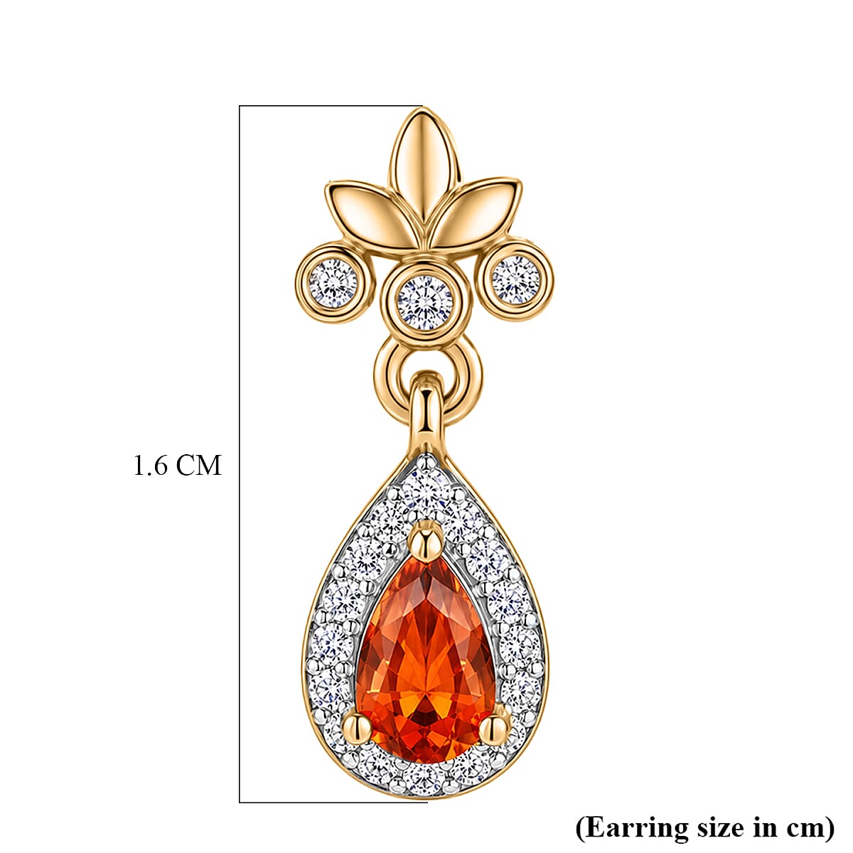 D'Joy - Fire Opal & White Zircon Dangling Earring with Push Post in Yellow Gold Plated Sterling Silver