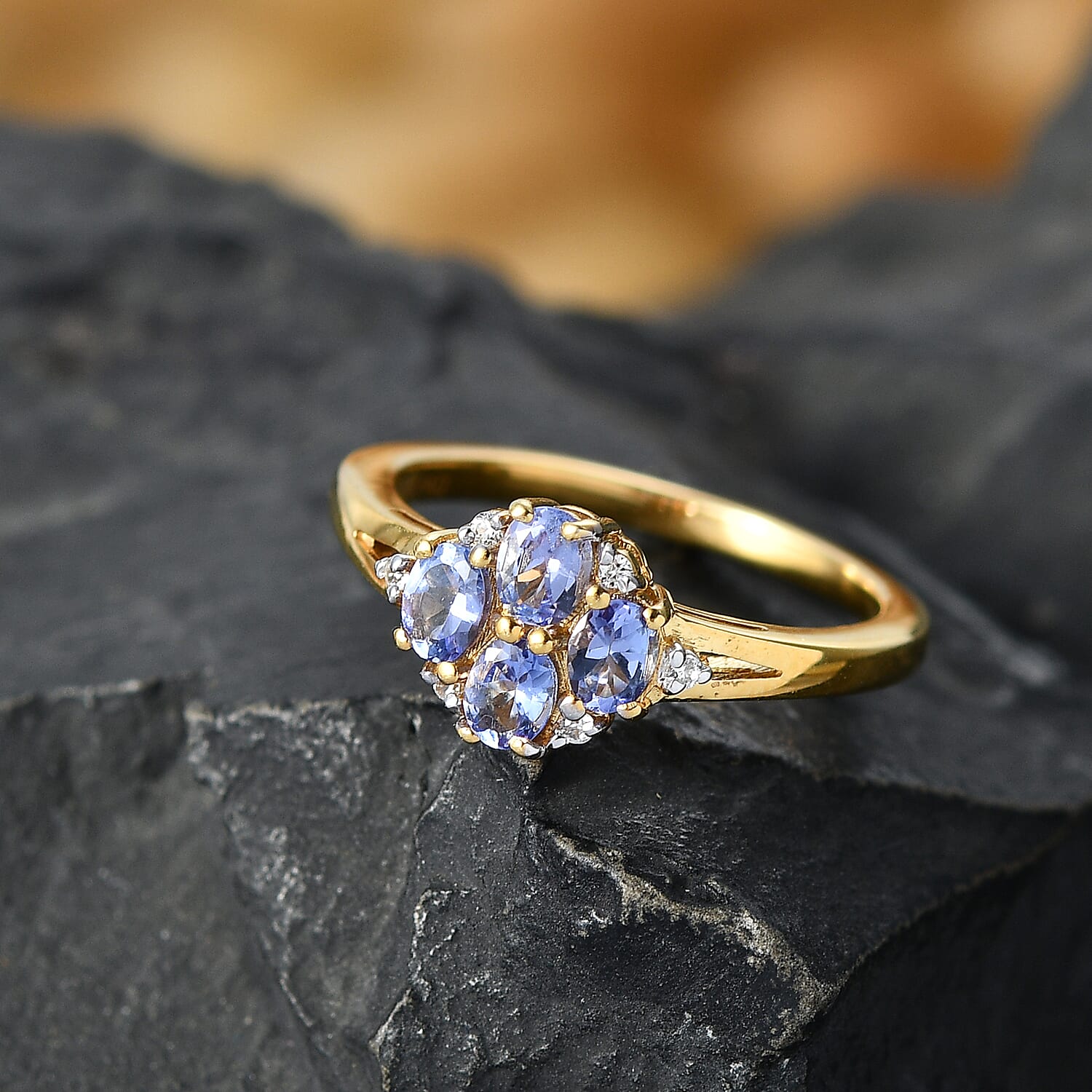 D'Joy - Tanzanite & White Zircon Cluster Ring in Yellow Gold Plated Sterling Silver