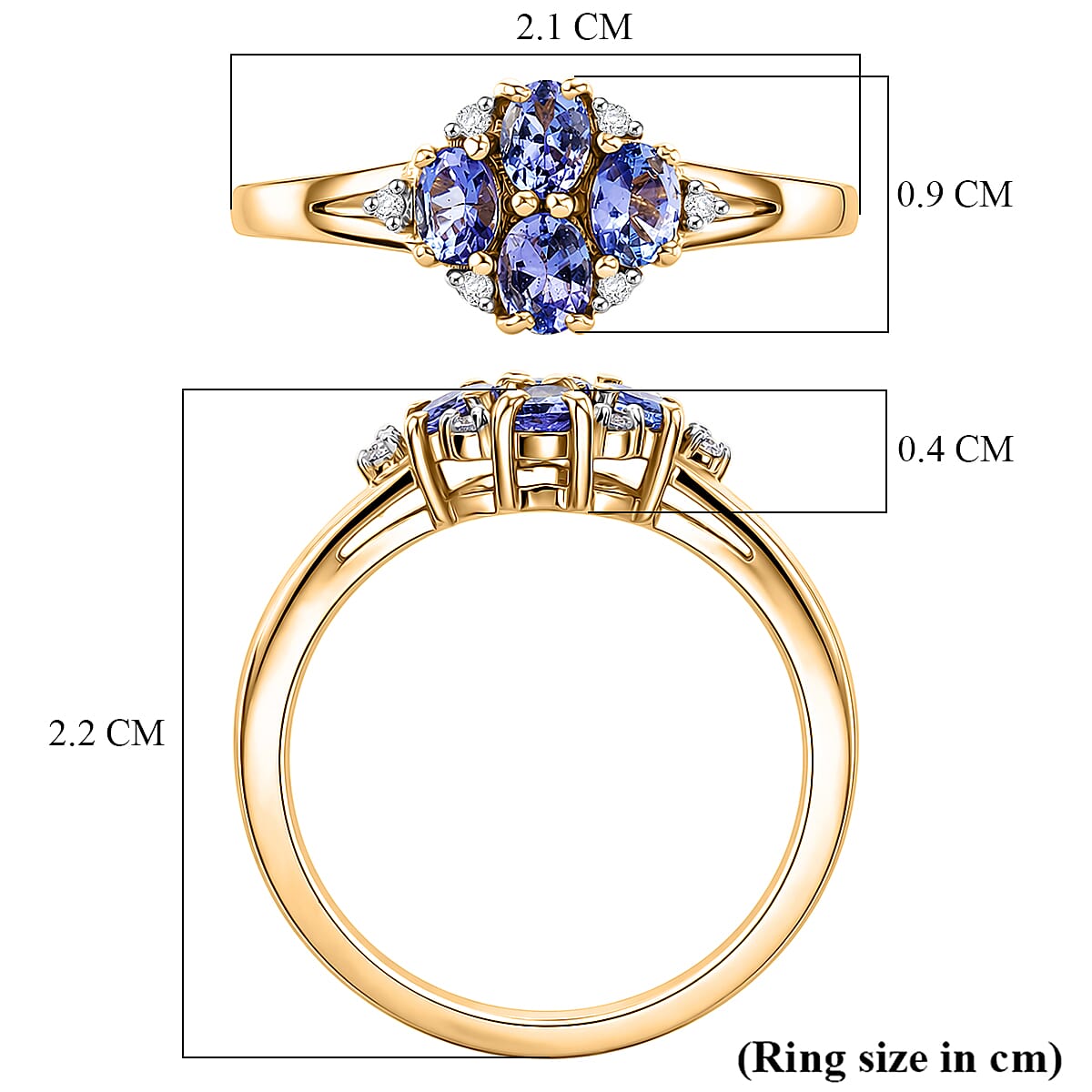 D'Joy - Tanzanite & White Zircon Cluster Ring in Yellow Gold Plated Sterling Silver