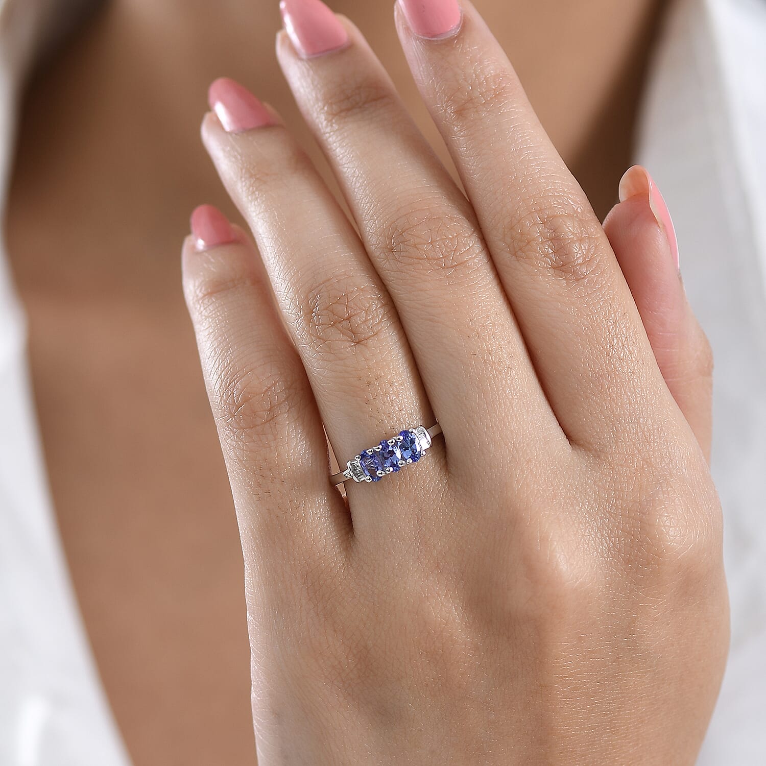 D'Joy - Tanzanite & White Diamond Trilogy Ring in Rhodium Overlay Sterling Silver 0.83 Ct.