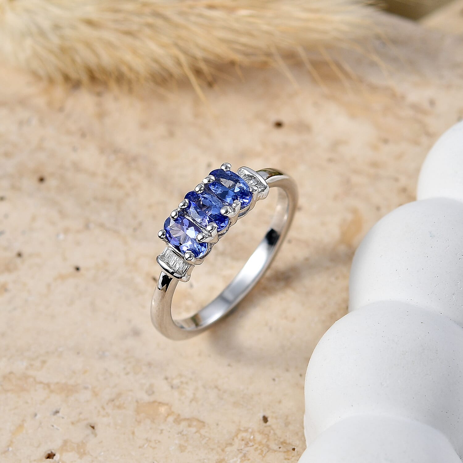 D'Joy - Tanzanite & White Diamond Trilogy Ring in Rhodium Overlay Sterling Silver 0.83 Ct.