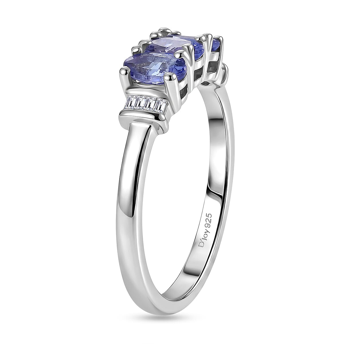 D'Joy - Tanzanite & White Diamond Trilogy Ring in Rhodium Overlay Sterling Silver 0.83 Ct.