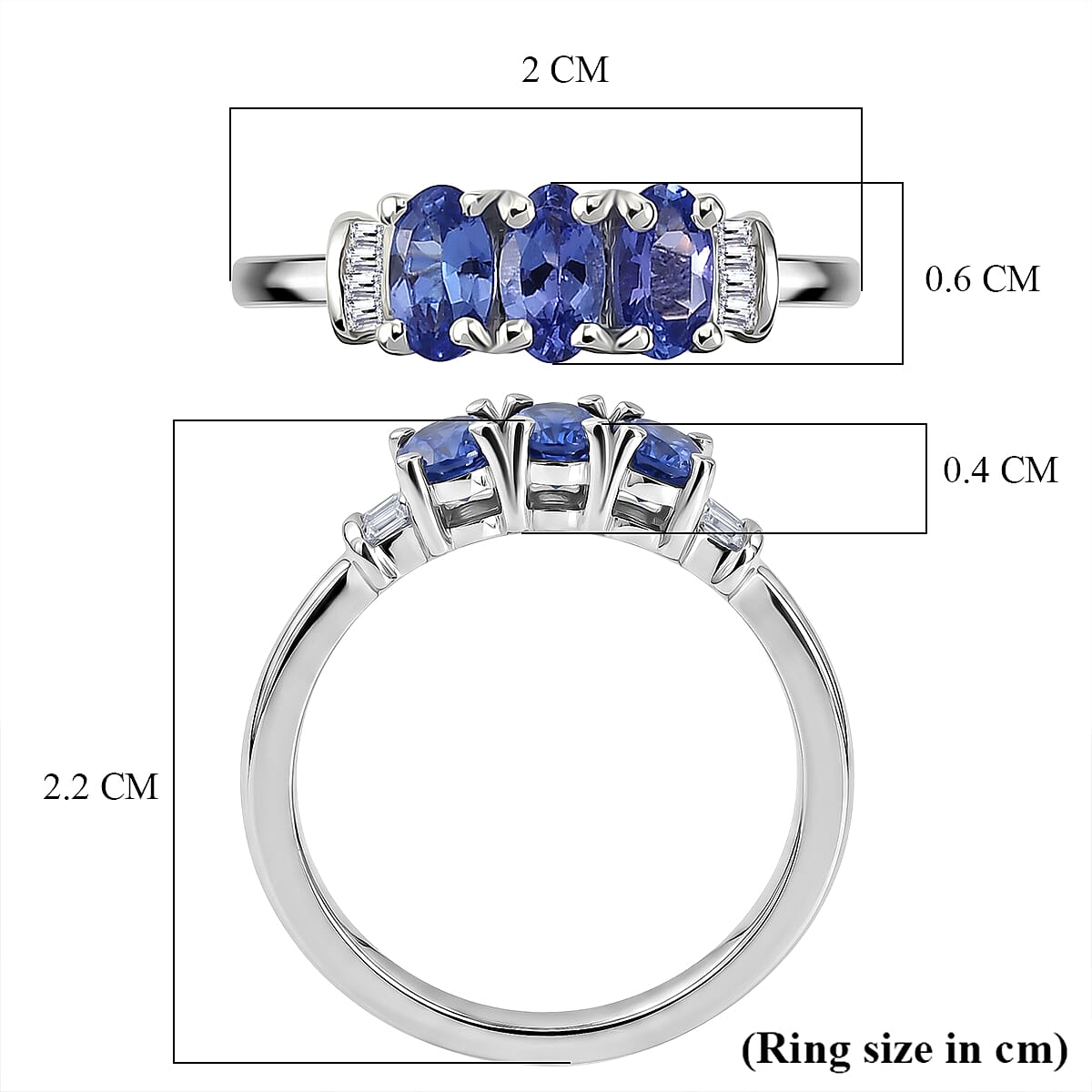 D'Joy - Tanzanite & White Diamond Trilogy Ring in Rhodium Overlay Sterling Silver 0.83 Ct.
