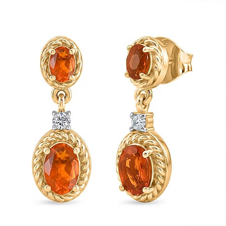 D'Joy - Fire Opal & White Zircon Dangling Earring with Push Post in Yellow Gold Plated Sterling Silver 1.04 Ct.