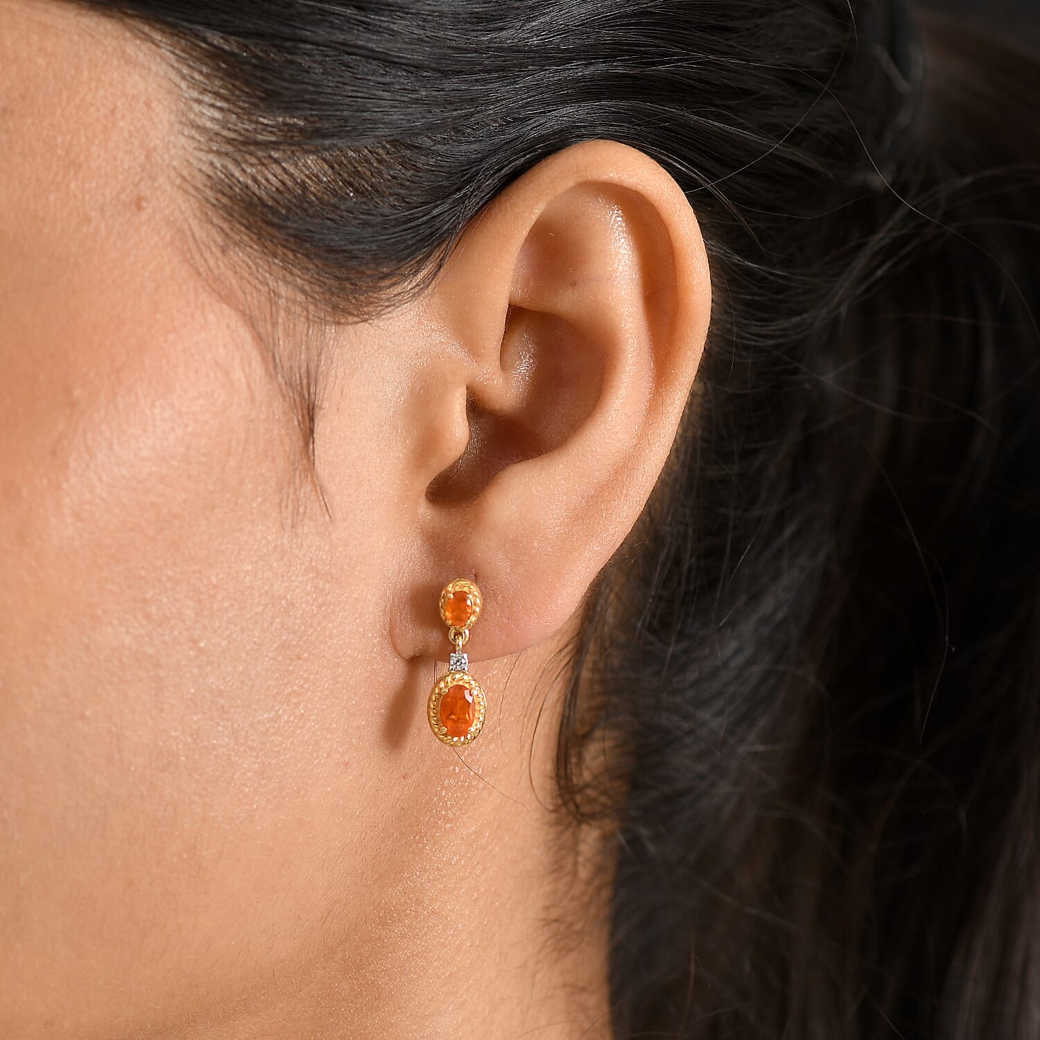 D'Joy - Fire Opal & White Zircon Dangling Earring with Push Post in Yellow Gold Plated Sterling Silver 1.04 Ct.