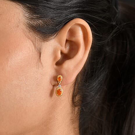 D'Joy - Fire Opal & White Zircon Dangling Earring with Push Post in Yellow Gold Plated Sterling Silver 1.04 Ct.