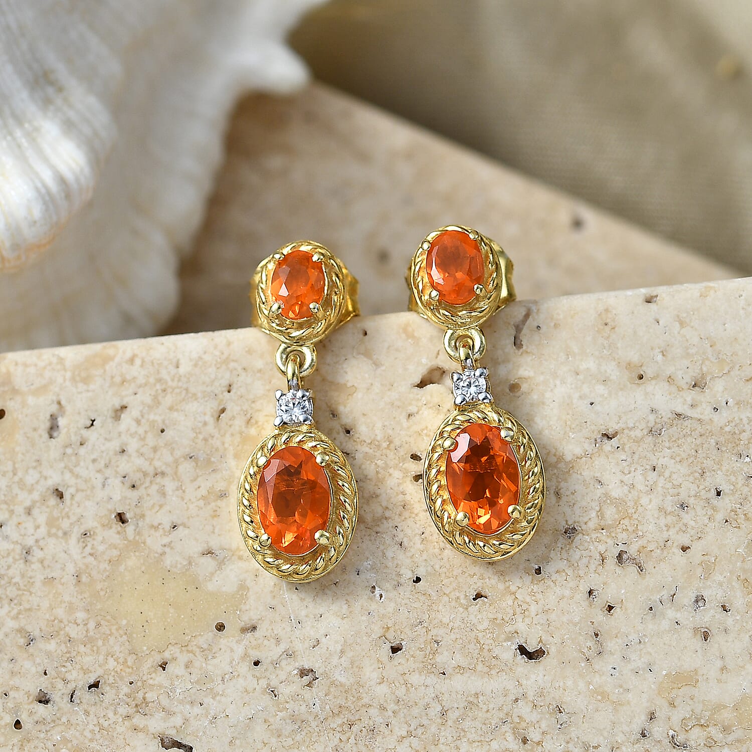 D'Joy - Fire Opal & White Zircon Dangling Earring with Push Post in Yellow Gold Plated Sterling Silver 1.04 Ct.