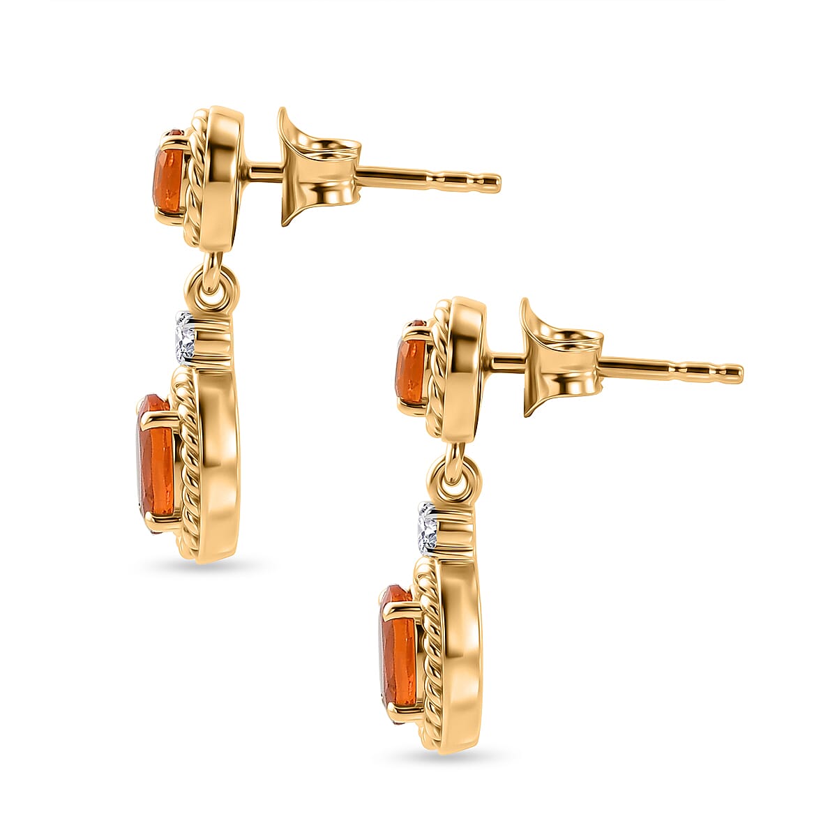 D'Joy - Fire Opal & White Zircon Dangling Earring with Push Post in Yellow Gold Plated Sterling Silver 1.04 Ct.