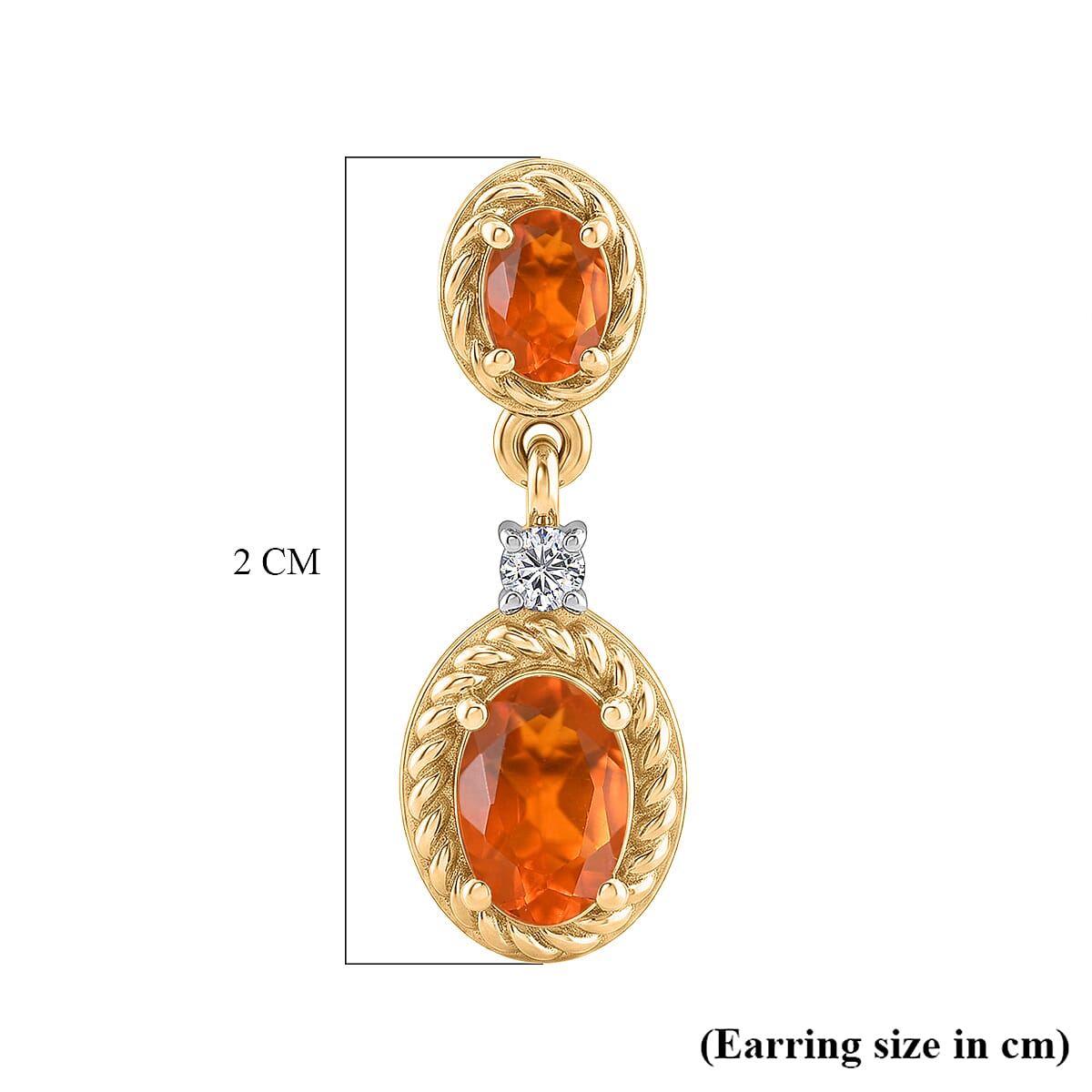 D'Joy - Fire Opal & White Zircon Dangling Earring with Push Post in Yellow Gold Plated Sterling Silver 1.04 Ct.