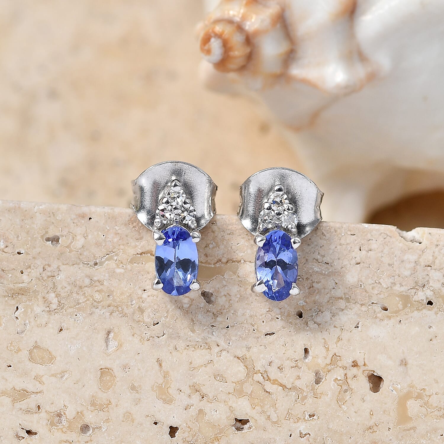 Luxuriant - AAA Tanzanite & Lab Grown Diamond (SI-G-H) Push Post Earring in Platinum Overlay Sterling Silver 0.58 Ct.