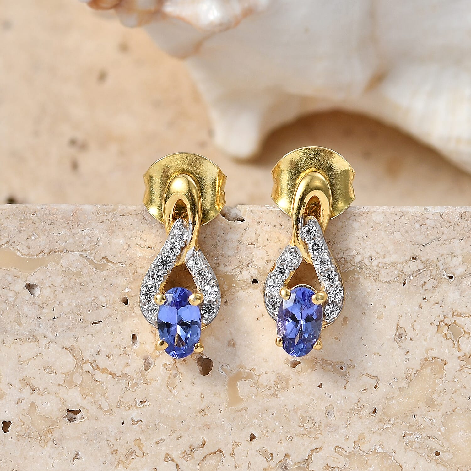 D'Joy - AAA Tanzanite & White Zircon Solitaire Stud Push Post Earring in Yellow Gold Plated Sterling Silver