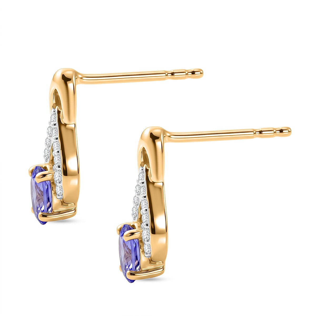 D'Joy - AAA Tanzanite & White Zircon Solitaire Stud Push Post Earring in Yellow Gold Plated Sterling Silver
